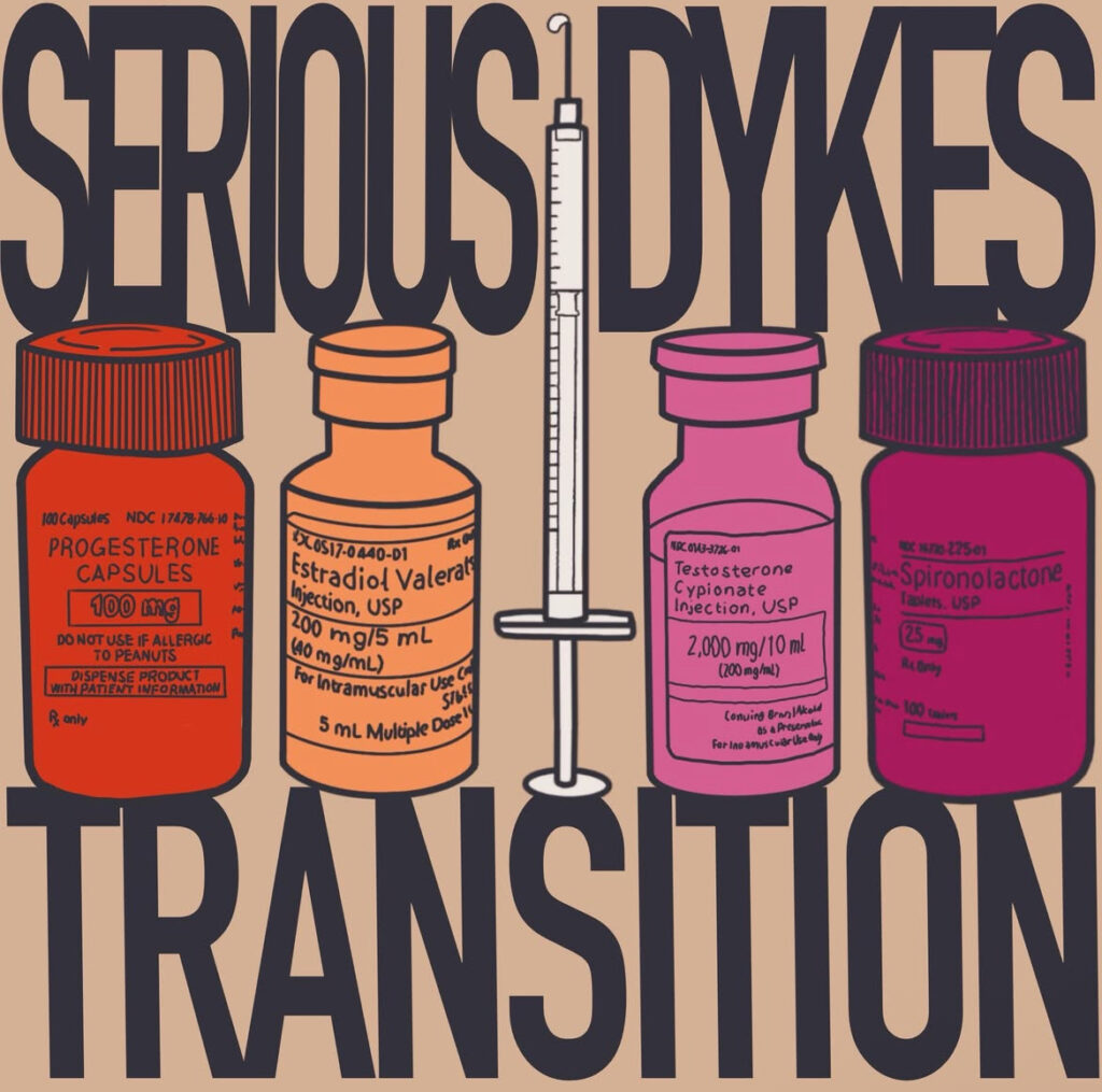 Digital drawing of a line of vials and bottles (progesterone, estrogen, testosterone, spiro) and syringe with a needle, all in colors that correspond to the colors of the lesbian pride flag (dark orange, light orange, white, light pink, magenta). Above and below in thick block text reads "Serious Dykes Transition"
