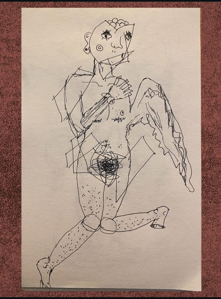 a pen sketch on white paper of an abstract figure with asymmetrical and heavy lidded eyes, a mouth obscured by overlapping triangles, and a skull partially open to show an exposed brain. the figure's torso is fairly normal (not distorted) and the chest has squiggly top surgery scars. the right arm is reaching up to the left shoulder, which is tearing away and down, beneath the tear is an abstract wing rather than a second arm. the figure's genitals are not visible, obscured under heavy squiggle pen marks. the figure's legs are mostly undistorted, but are kicked up and out to the side in awkward ways beneath the knee.