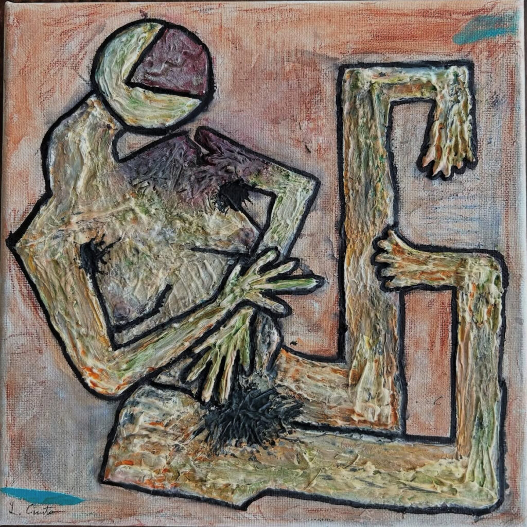 an abstract painting with heavily textured paint buildup that depicts a rather basic human figure whose legs are bent at odd angles and whose left shoulder has a vivid purple tear. the head has no face but only a reddish triangle slice cut into it.
