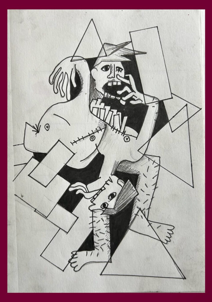 An abstract drawing in pen and pencil of various body-parts strangely intertwined with each other and intersecting triangles and squares. Two heads, two arms, two partial torsos and two legs with leg hair. the upright head has an open mouth with teeth tumbling from the bottom jaw, beneath it and upside-down the other head has a wide but closed mouth, fangs protruding and three tongues slithering out. the marks on the torsos suggest top surgery