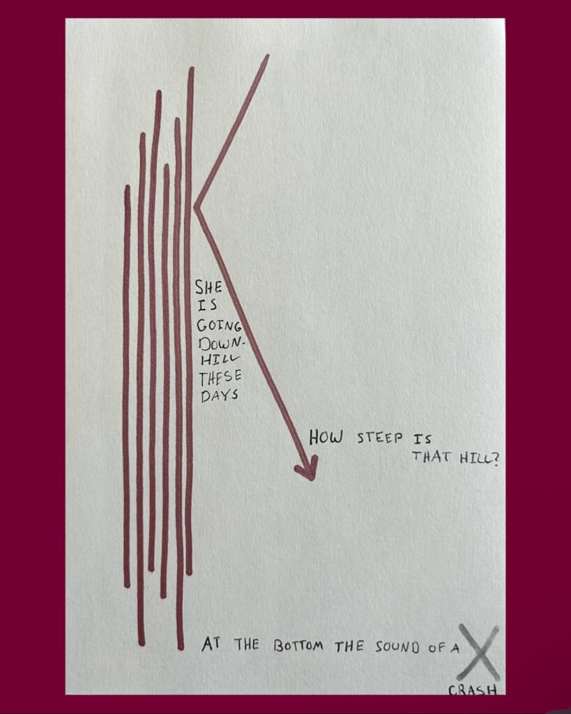 a simple drawing on paper with marker. there are 6 vertical and parallel lines of varying lengths, and on their right and from above, an angled line moves towards the others and bounces away down to the bottom right of the page, ending in an arrow. in the angle of the line is the text "she is going downhill these days" and at the tip of the arrow, the handwritten text "how steep is that hill?" at the bottom of the page is text that reads "at the bottom the sound of a" and here is a large sliver X. beneath the x is one word continued in the style of the other text: "crash"