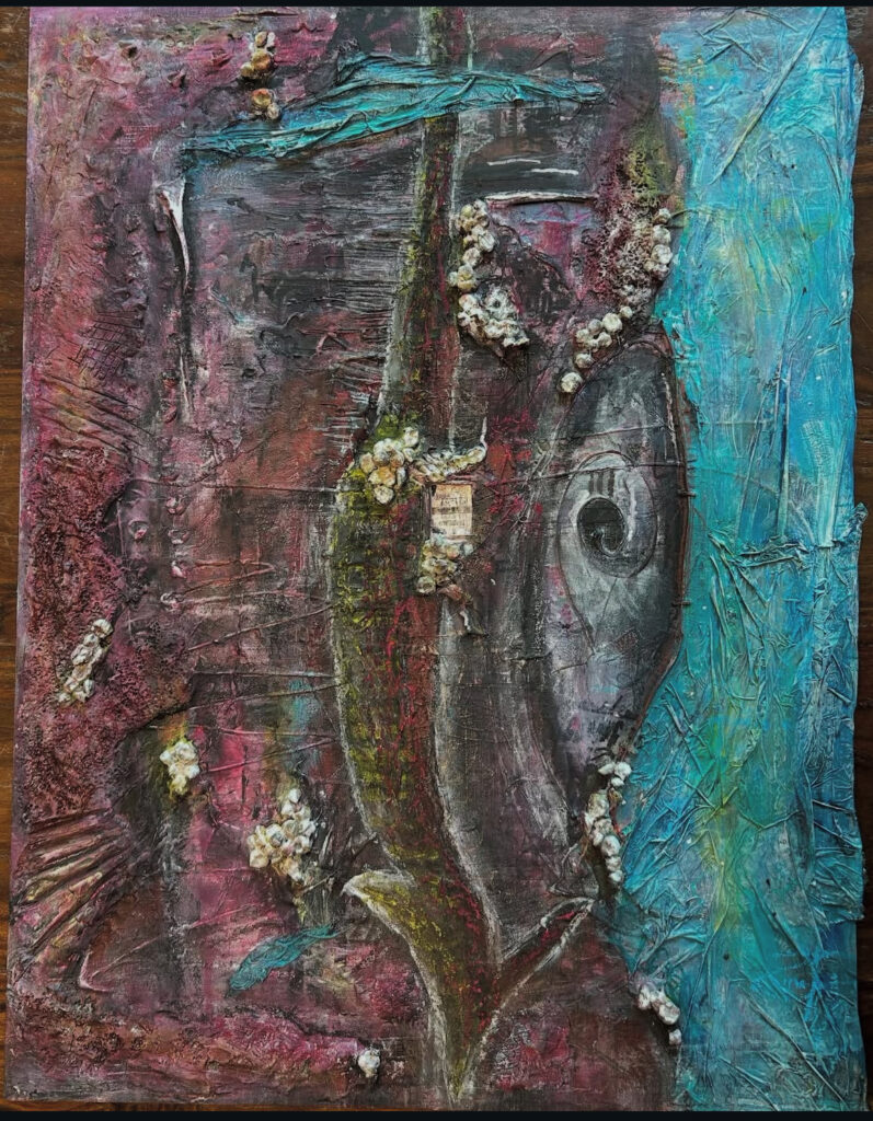 abstract art piece, predominantly puns and reds, with some hints of yellow on clay molds of teeth and on a big central arrow pointing down. there are a few pieces of bright blue plastic, and one big one takes up an entire 1/4 of the right side of the piece. in the very center is a piece of distorted text framed by clay mounds scratched into and clay teeth. the small text in the center reads "you are not disabled under our rules" in parts of the piece, little scraps of medical bills can be seen peaking out, or from under blue plastic