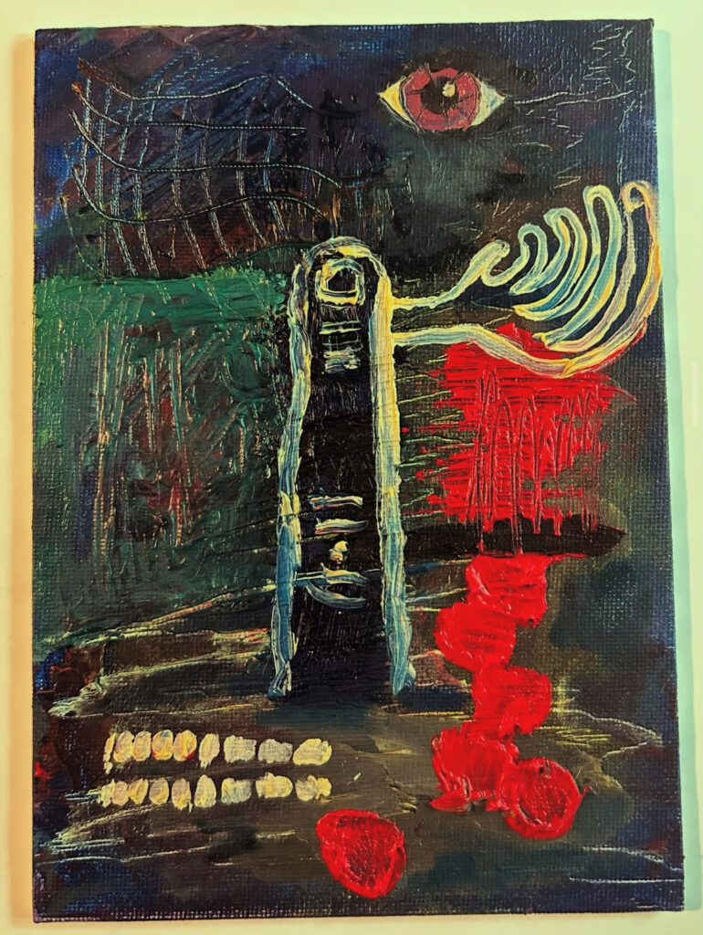 abstract oil pain piece. in the center is a single blue finger, from its tip to its side emerges a full but small hand with extremely long fingers. there is a realistically painted eye, an abstract row of teeth, and textures of blue and green paint. in the right-most bottom corner of the painting are several bright red chunky strokes of paint that pull up from the flatness of the canvas board